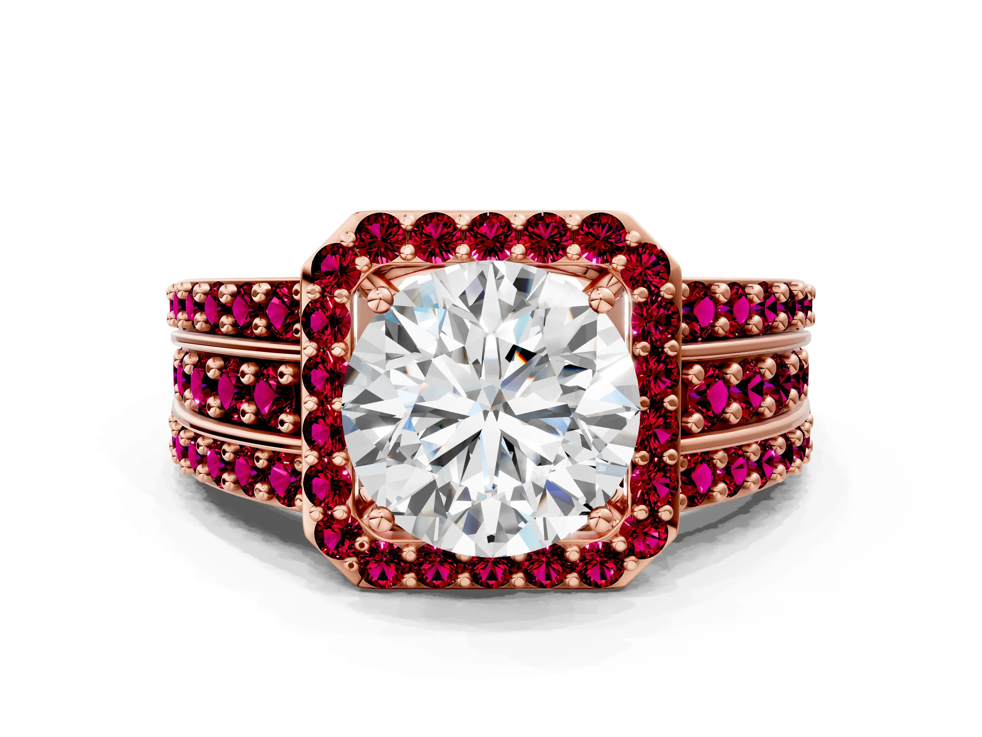 Rose gold Round Cut Halo Diamond Ring with Round with Garnet side stone Split Shank and Prong Setting
