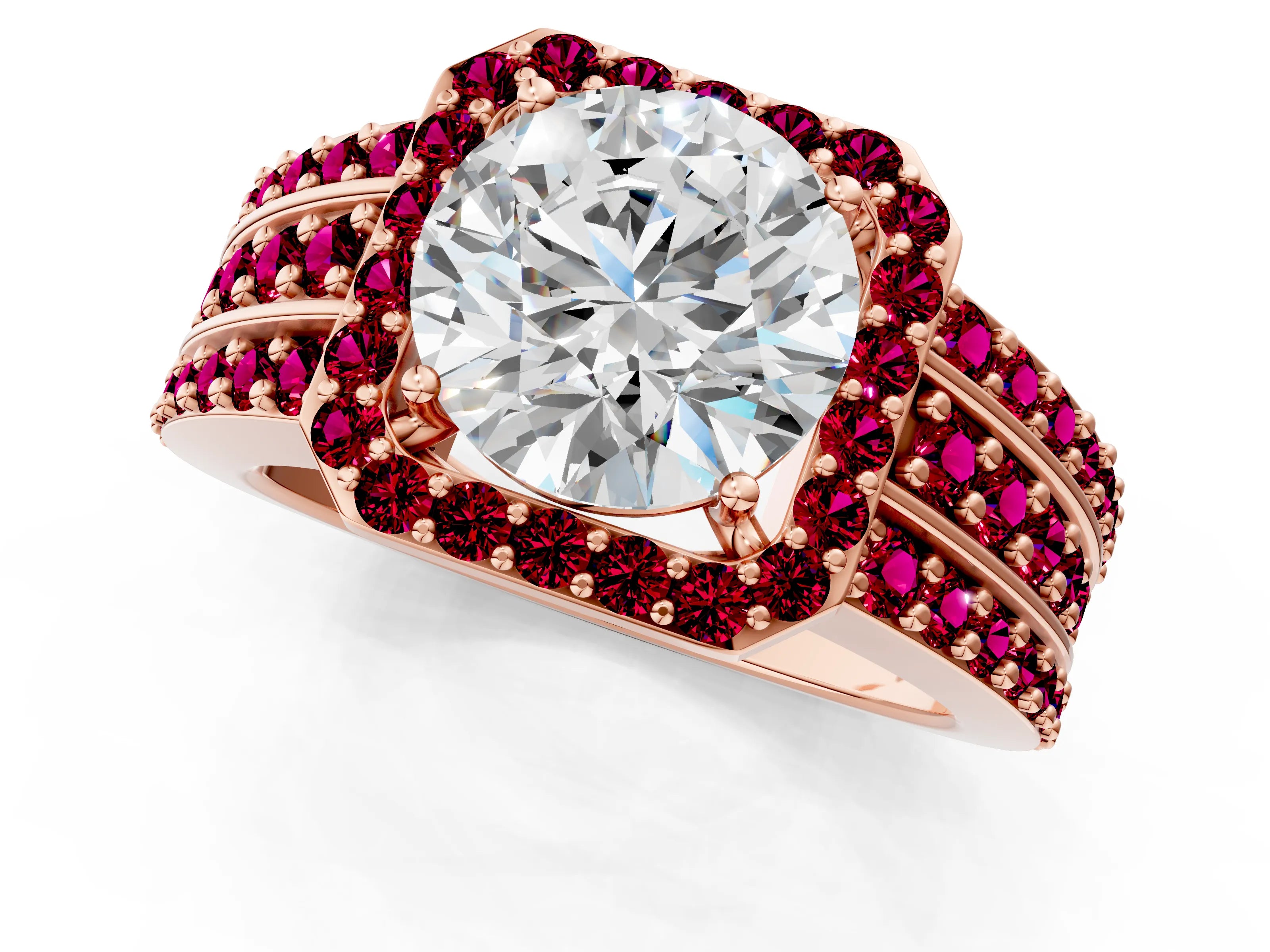 Rose gold Round Cut Halo Diamond Ring with Round with Garnet side stone Split Shank and Prong Setting_1