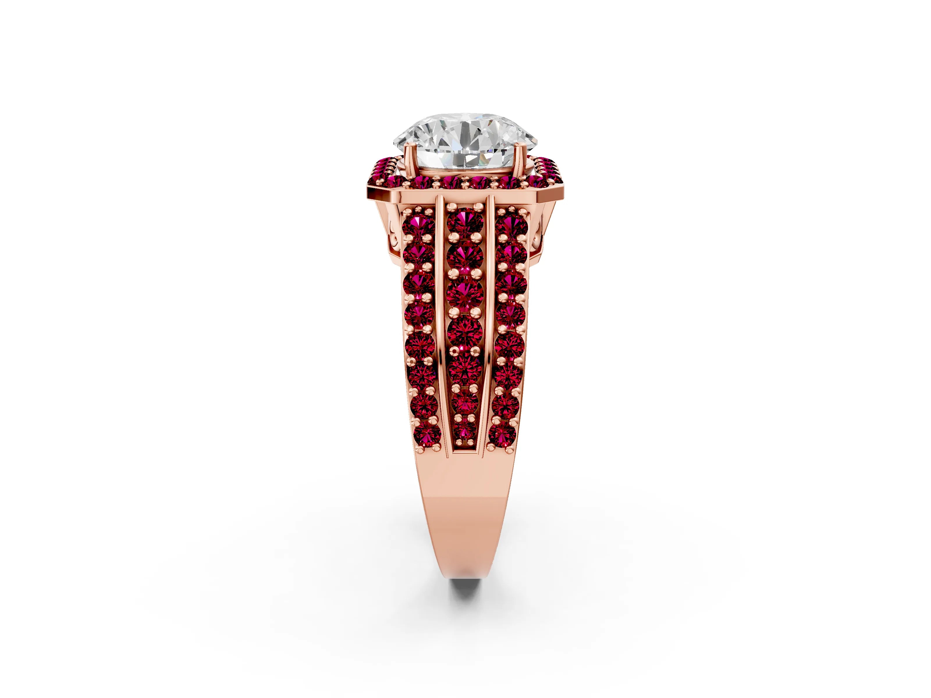 Rose gold Round Cut Halo Diamond Ring with Round with Garnet side stone Split Shank and Prong Setting_2