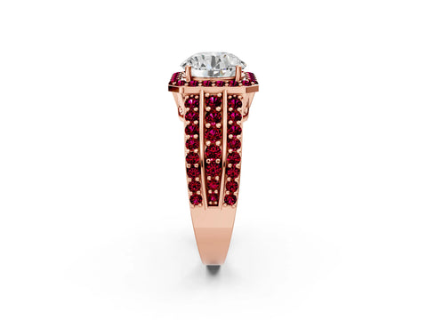 Rose gold Round Cut Halo Diamond Ring with Round with Garnet side stone Split Shank and Prong Setting_2
