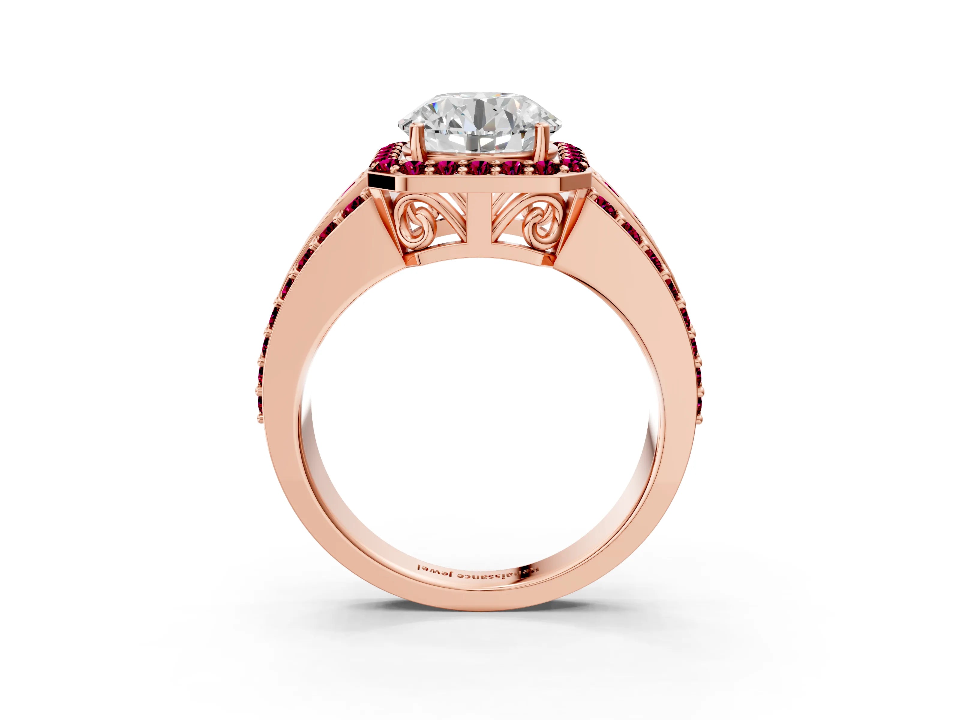 Rose gold Round Cut Halo Diamond Ring with Round with Garnet side stone Split Shank and Prong Setting_3