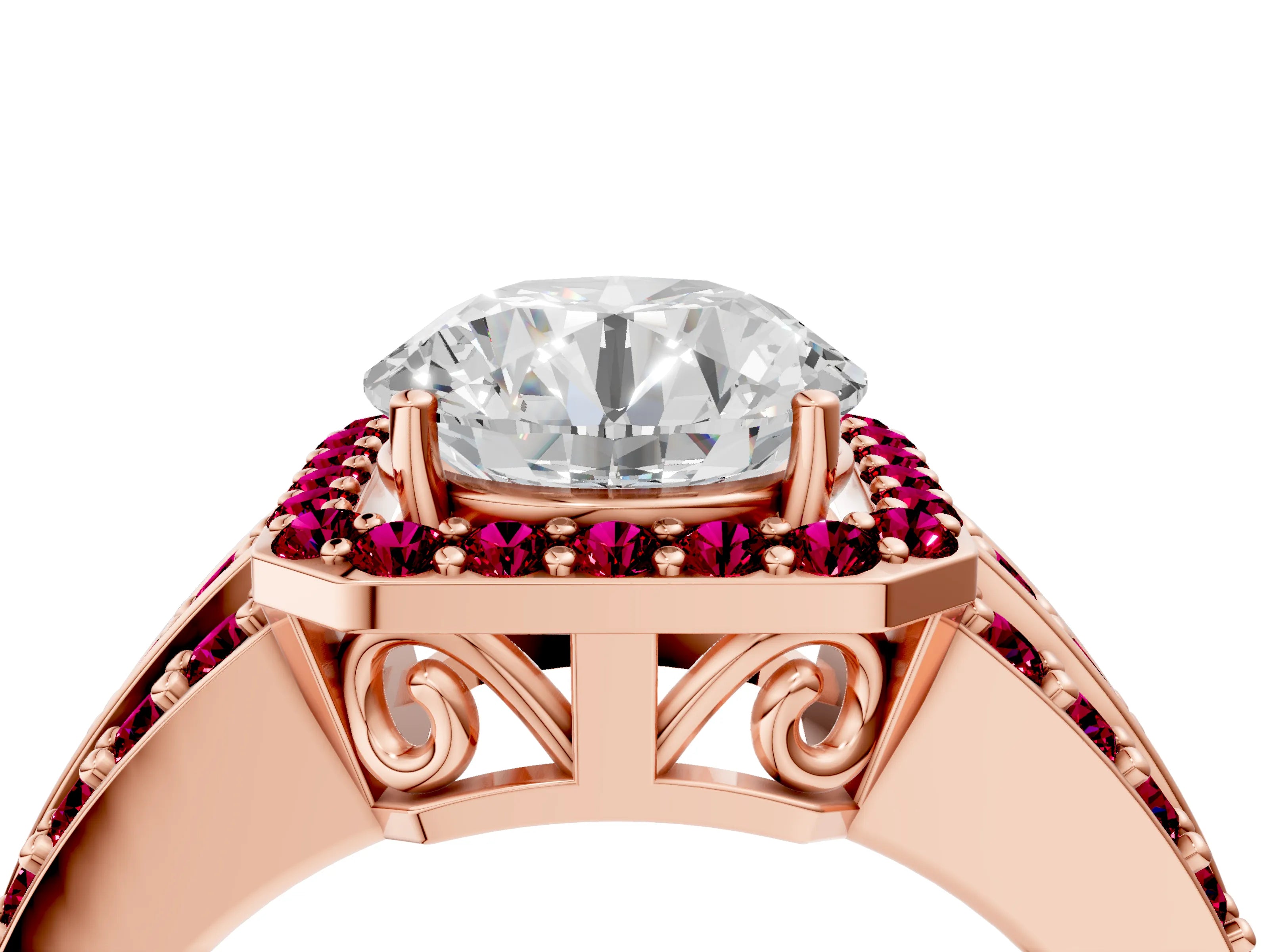 Rose gold Round Cut Halo Diamond Ring with Round with Garnet side stone Split Shank and Prong Setting_4