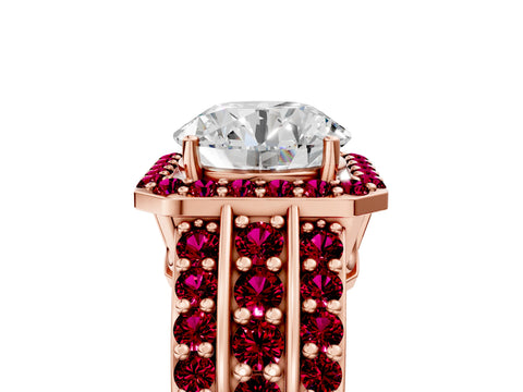 Rose gold Round Cut Halo Diamond Ring with Round with Garnet side stone Split Shank and Prong Setting_5