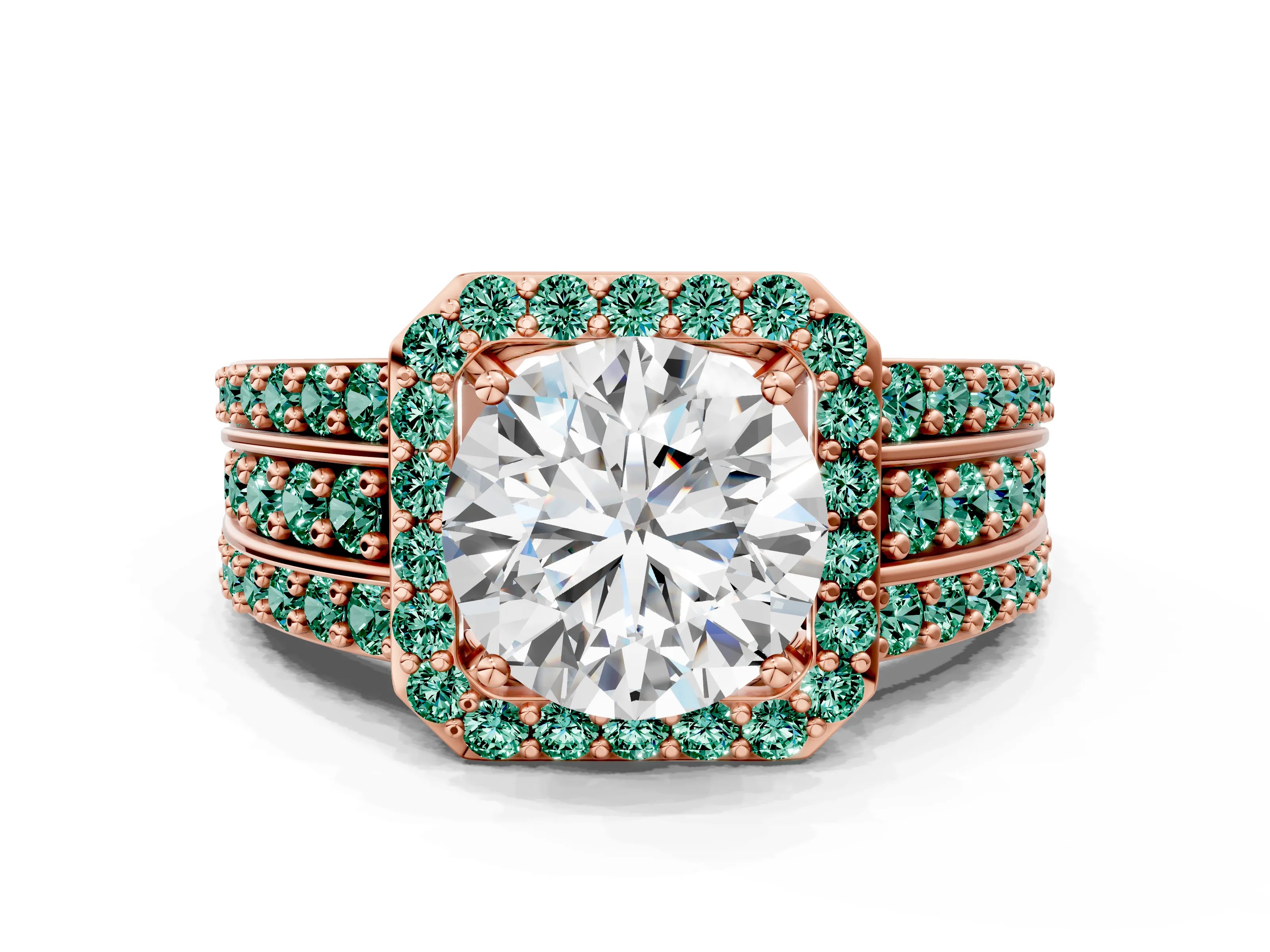 Rose gold Round Cut Halo Diamond Ring with Round with Green Sapphire side stone Split Shank and Prong Setting