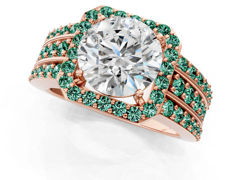 Rose gold Round Cut Halo Diamond Ring with Round with Green Sapphire side stone Split Shank and Prong Setting_1