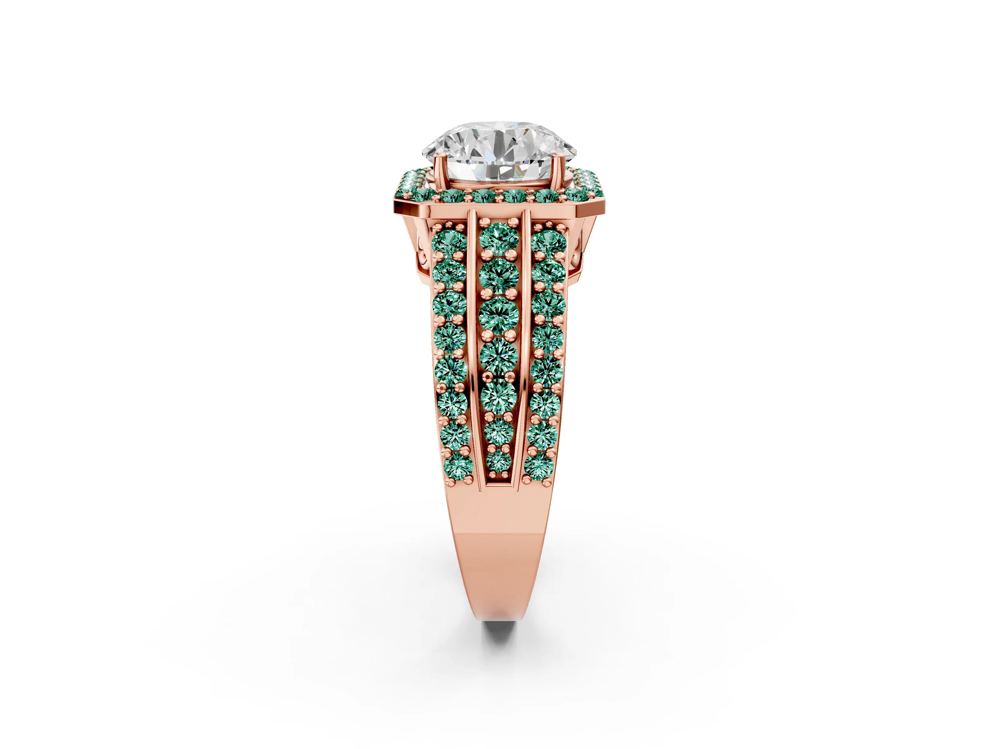Rose gold Round Cut Halo Diamond Ring with Round with Green Sapphire side stone Split Shank and Prong Setting_2