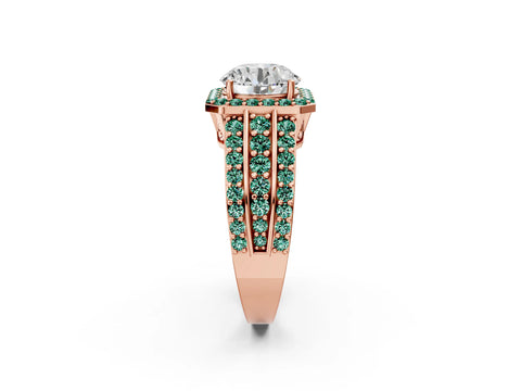Rose gold Round Cut Halo Diamond Ring with Round with Green Sapphire side stone Split Shank and Prong Setting_2
