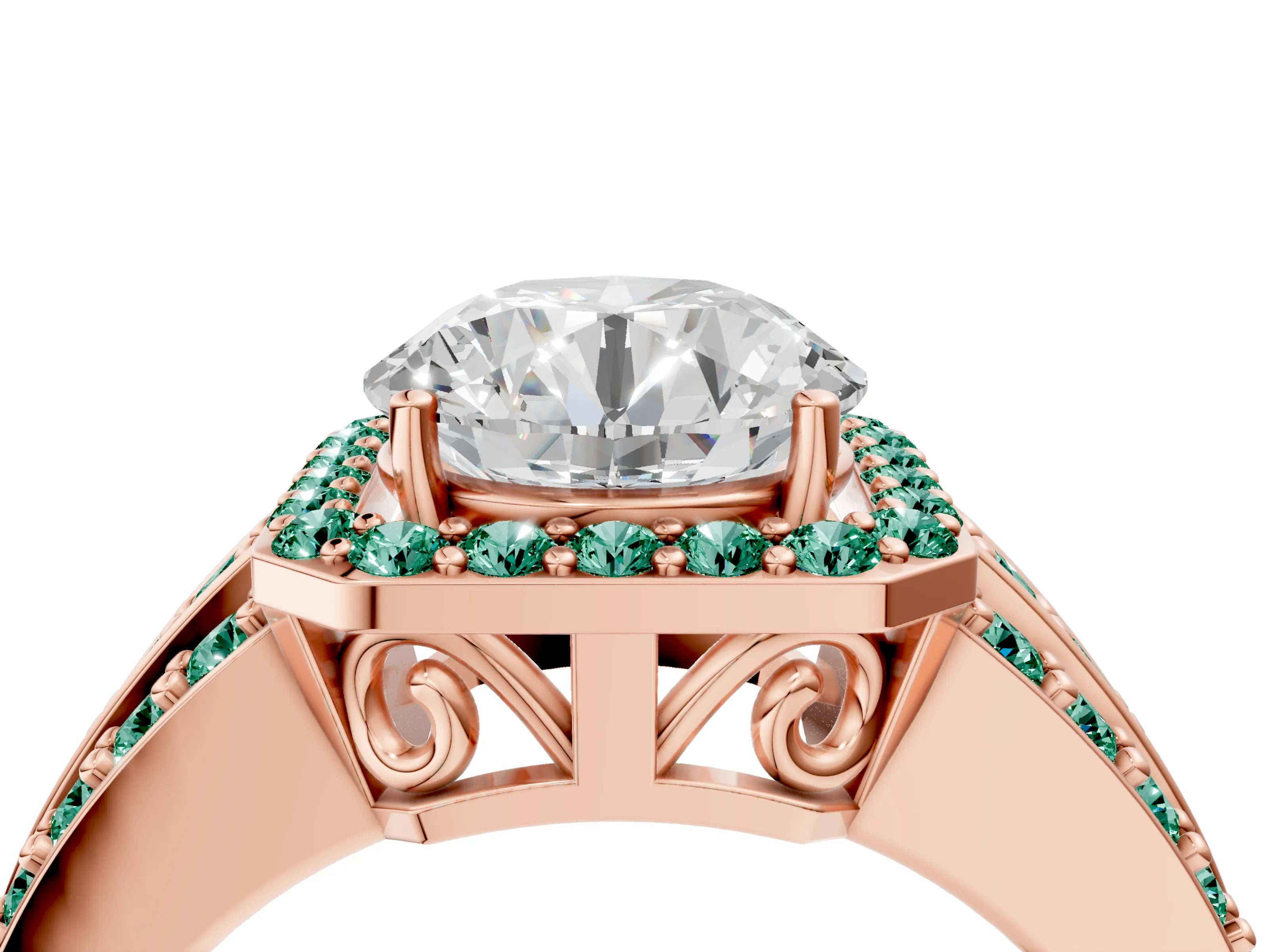 Rose gold Round Cut Halo Diamond Ring with Round with Green Sapphire side stone Split Shank and Prong Setting_4