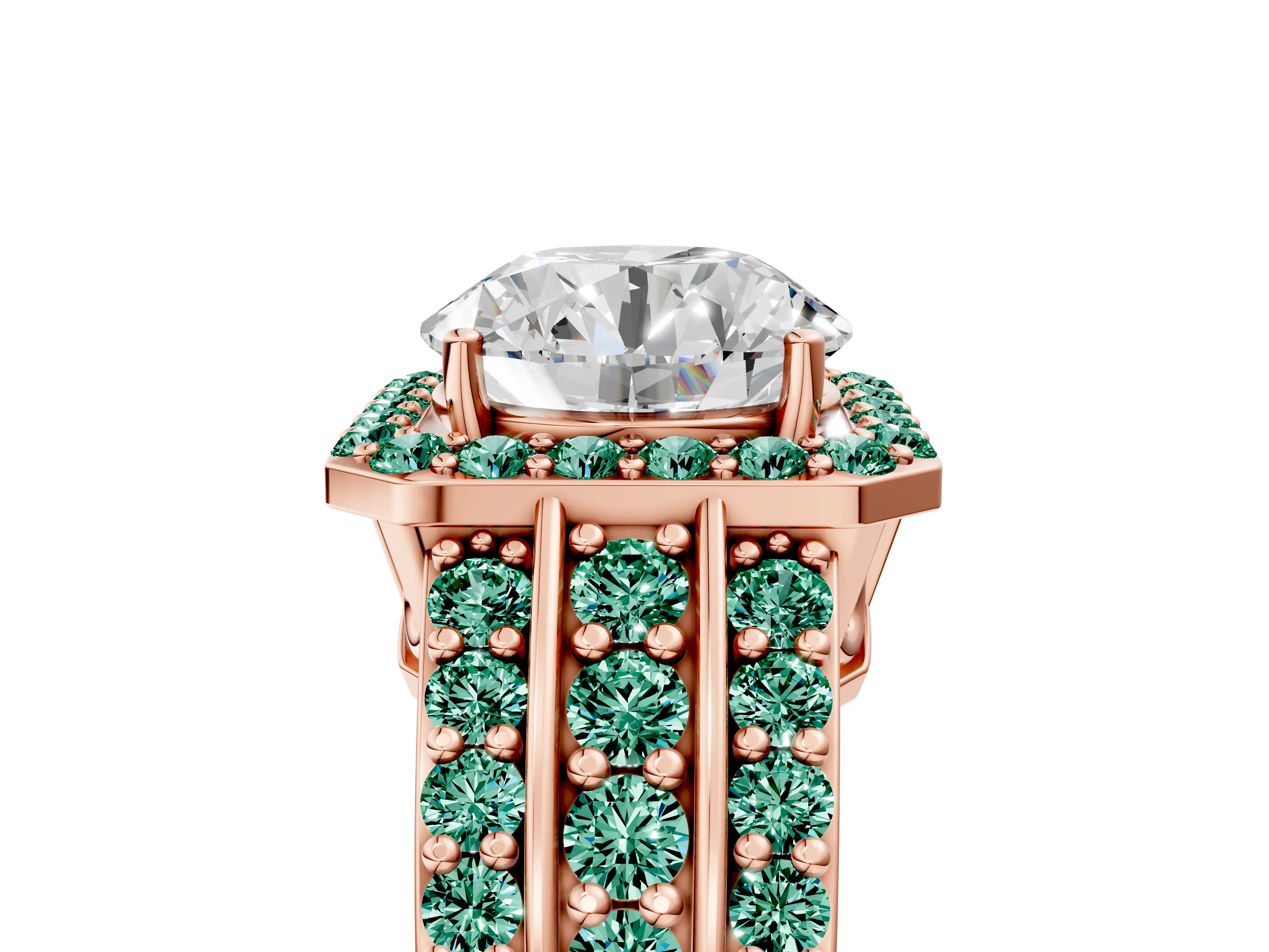 Rose gold Round Cut Halo Diamond Ring with Round with Green Sapphire side stone Split Shank and Prong Setting_5