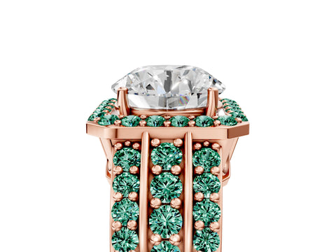 Rose gold Round Cut Halo Diamond Ring with Round with Green Sapphire side stone Split Shank and Prong Setting_5
