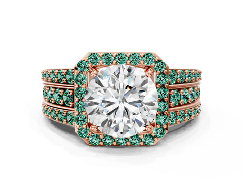 Rose gold Round Cut Halo Diamond Ring with Round with Green Sapphire side stone Split Shank and Prong Setting