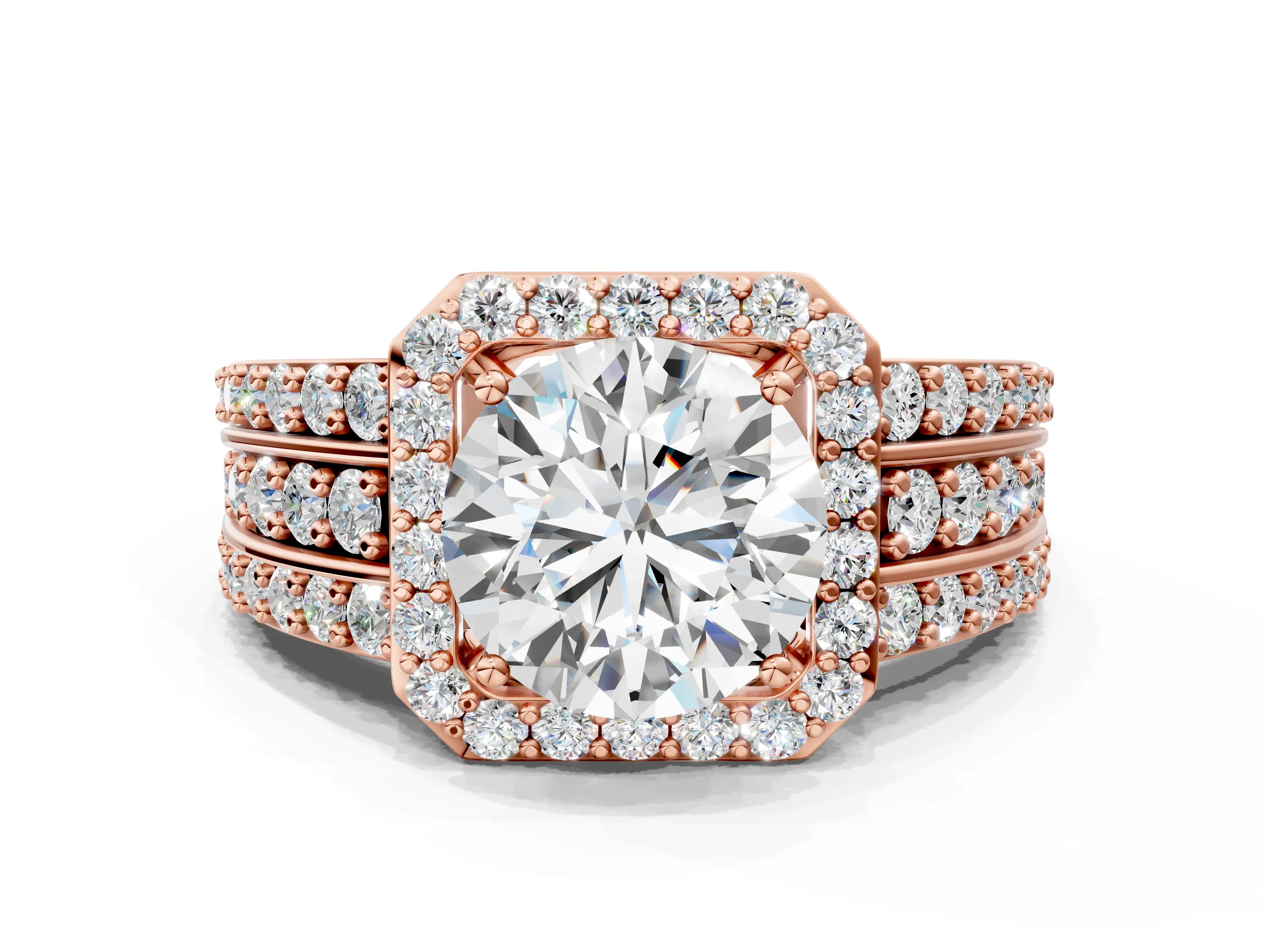 Rose gold Round Cut Halo Diamond Ring with Round with Moissanite side stone Split Shank and Prong Setting