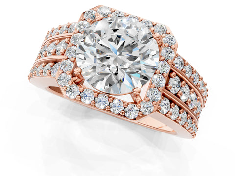 Rose gold Round Cut Halo Diamond Ring with Round with Moissanite side stone Split Shank and Prong Setting_1
