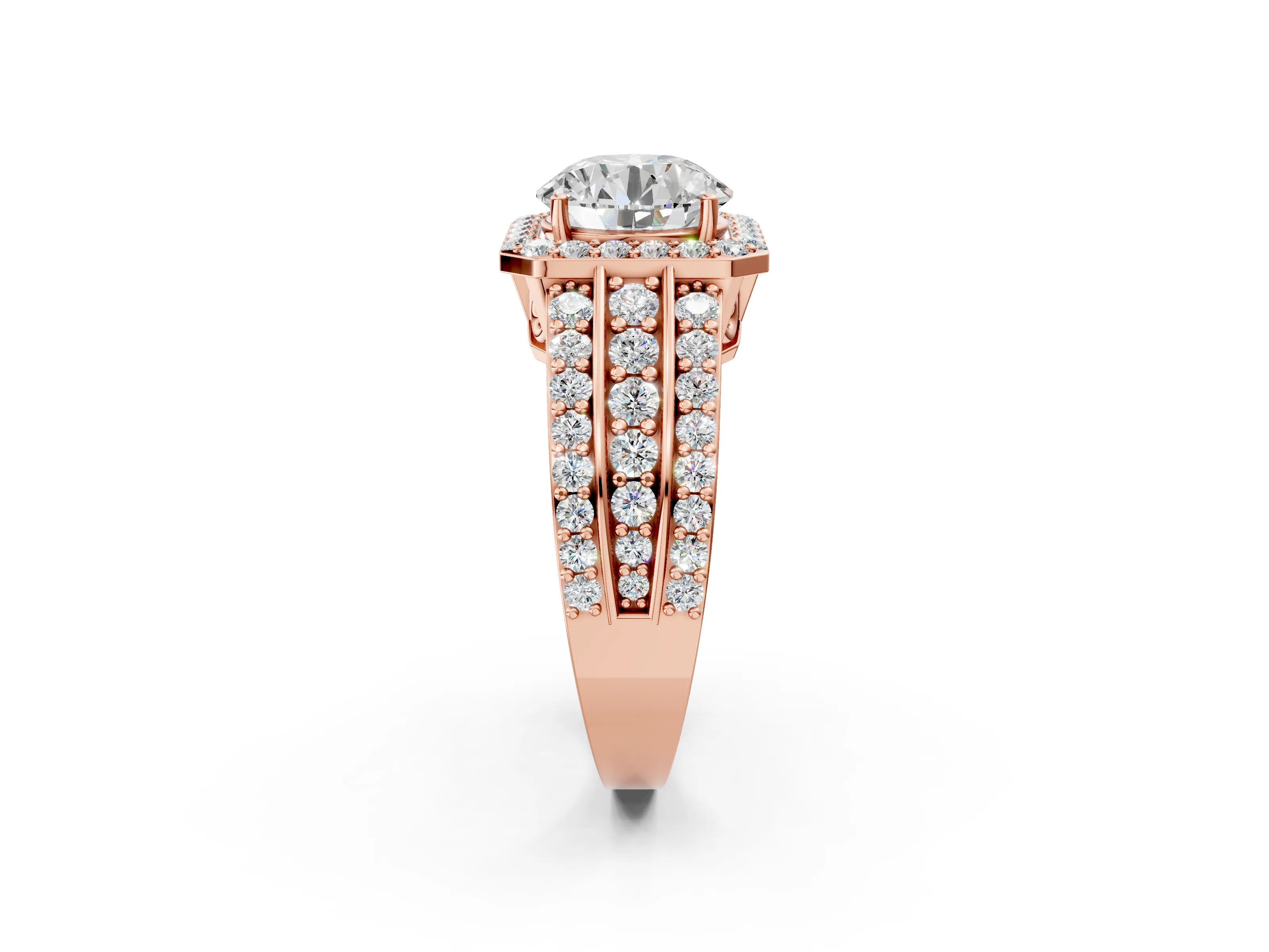 Rose gold Round Cut Halo Diamond Ring with Round with Moissanite side stone Split Shank and Prong Setting_2
