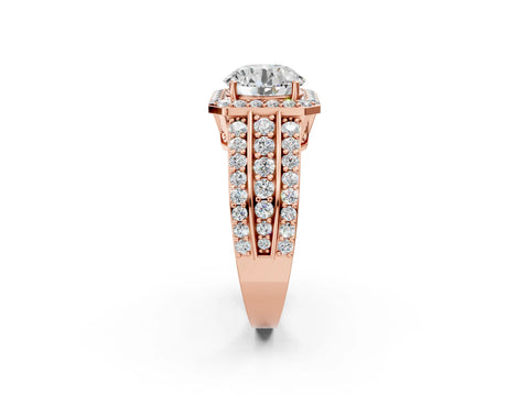 Rose gold Round Cut Halo Diamond Ring with Round with Moissanite side stone Split Shank and Prong Setting_2