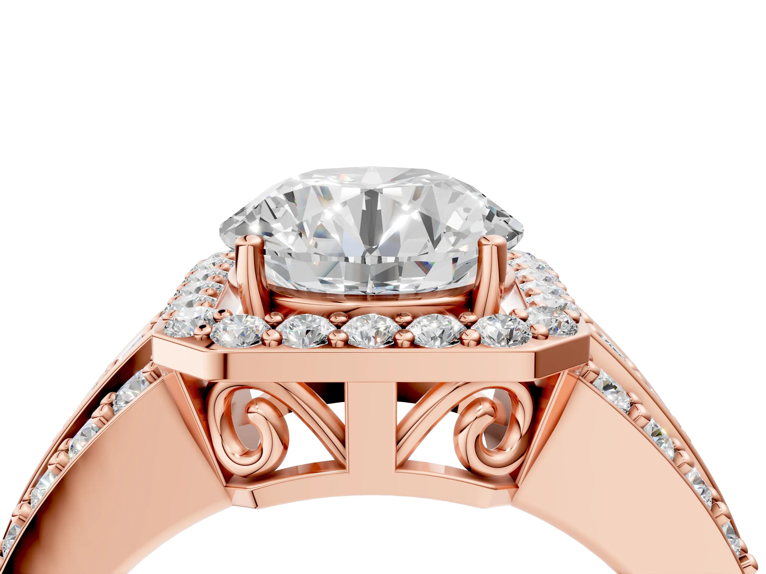 Rose gold Round Cut Halo Diamond Ring with Round with Moissanite side stone Split Shank and Prong Setting_4