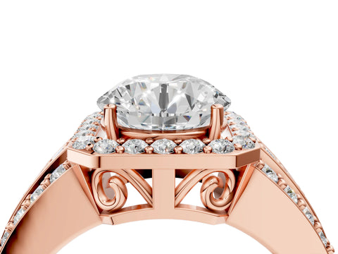 Rose gold Round Cut Halo Diamond Ring with Round with Moissanite side stone Split Shank and Prong Setting_4