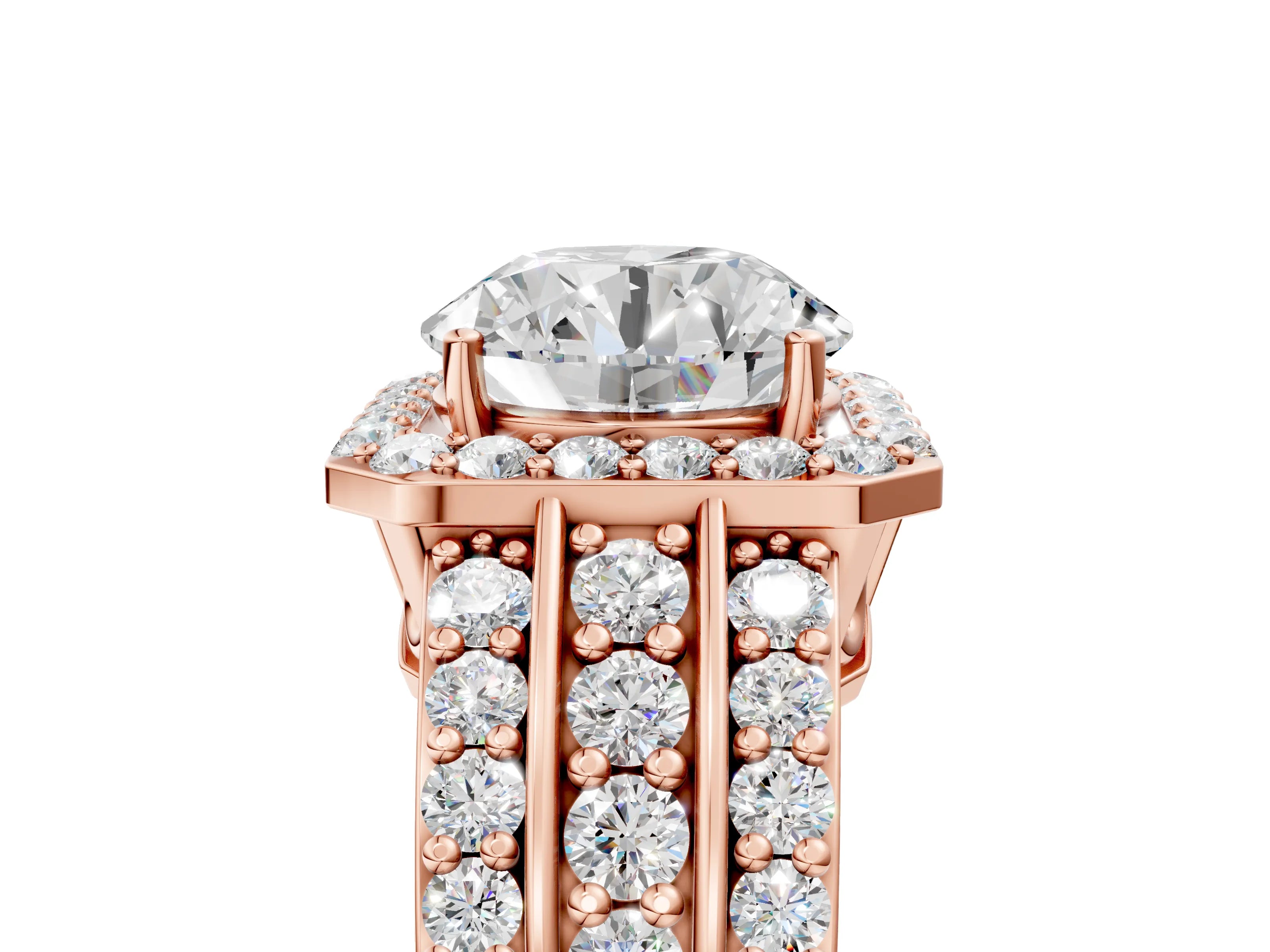 Rose gold Round Cut Halo Diamond Ring with Round with Moissanite side stone Split Shank and Prong Setting_5