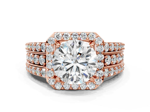 Rose gold Round Cut Halo Diamond Ring with Round with Moissanite side stone Split Shank and Prong Setting
