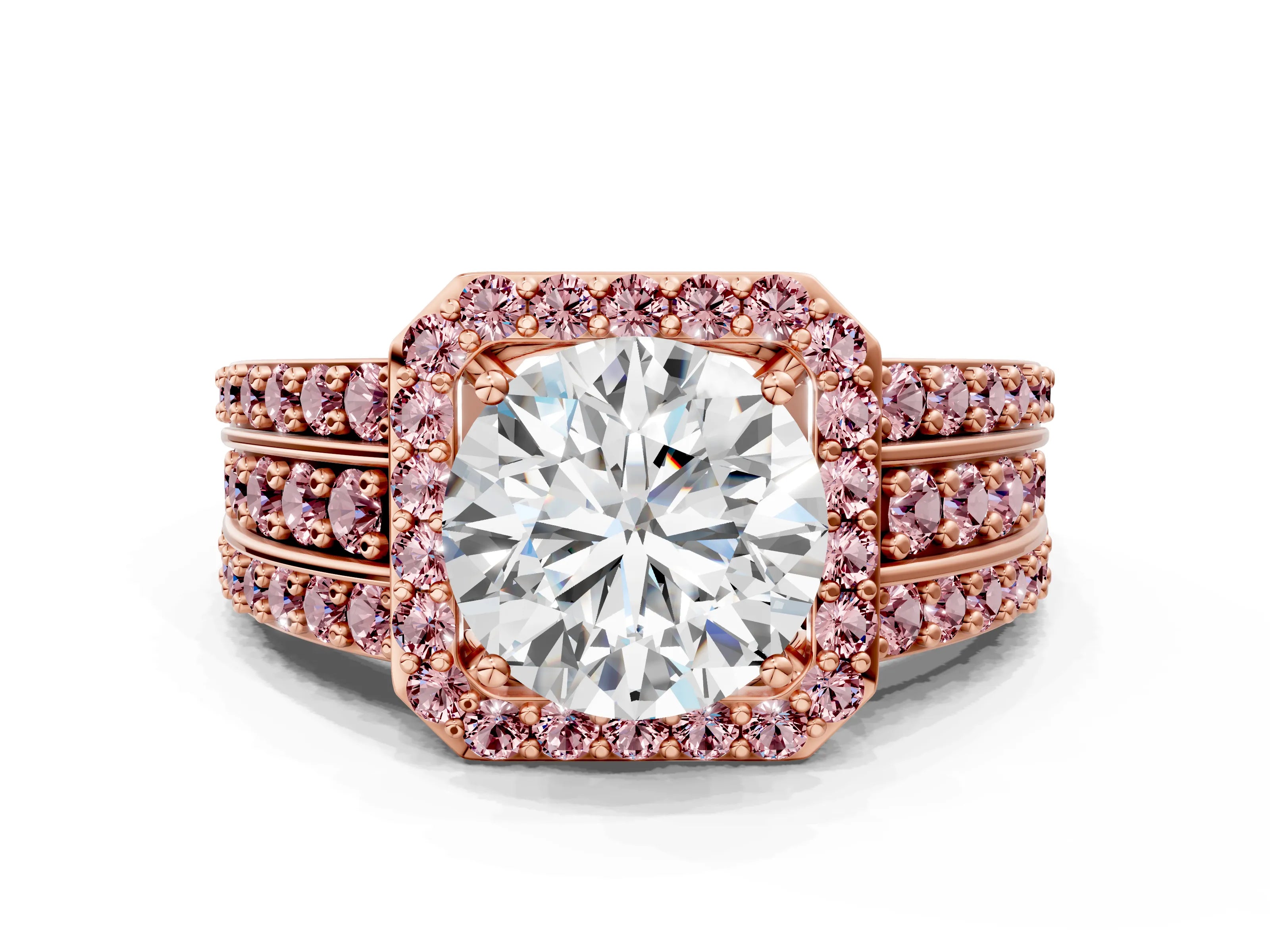 Rose gold Round Cut Halo Diamond Ring with Round with Morganite side stone Split Shank and Prong Setting