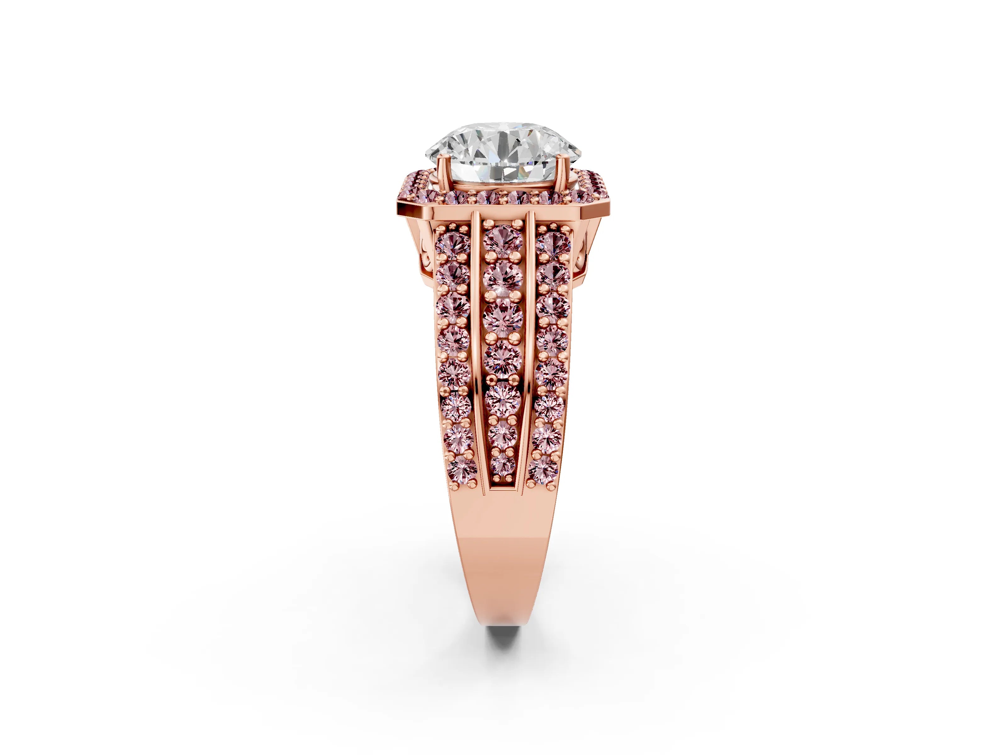 Rose gold Round Cut Halo Diamond Ring with Round with Morganite side stone Split Shank and Prong Setting_2