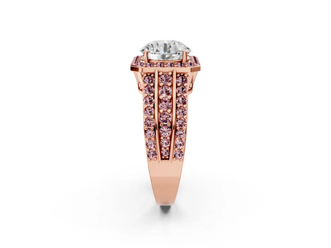 Rose gold Round Cut Halo Diamond Ring with Round with Morganite side stone Split Shank and Prong Setting_2