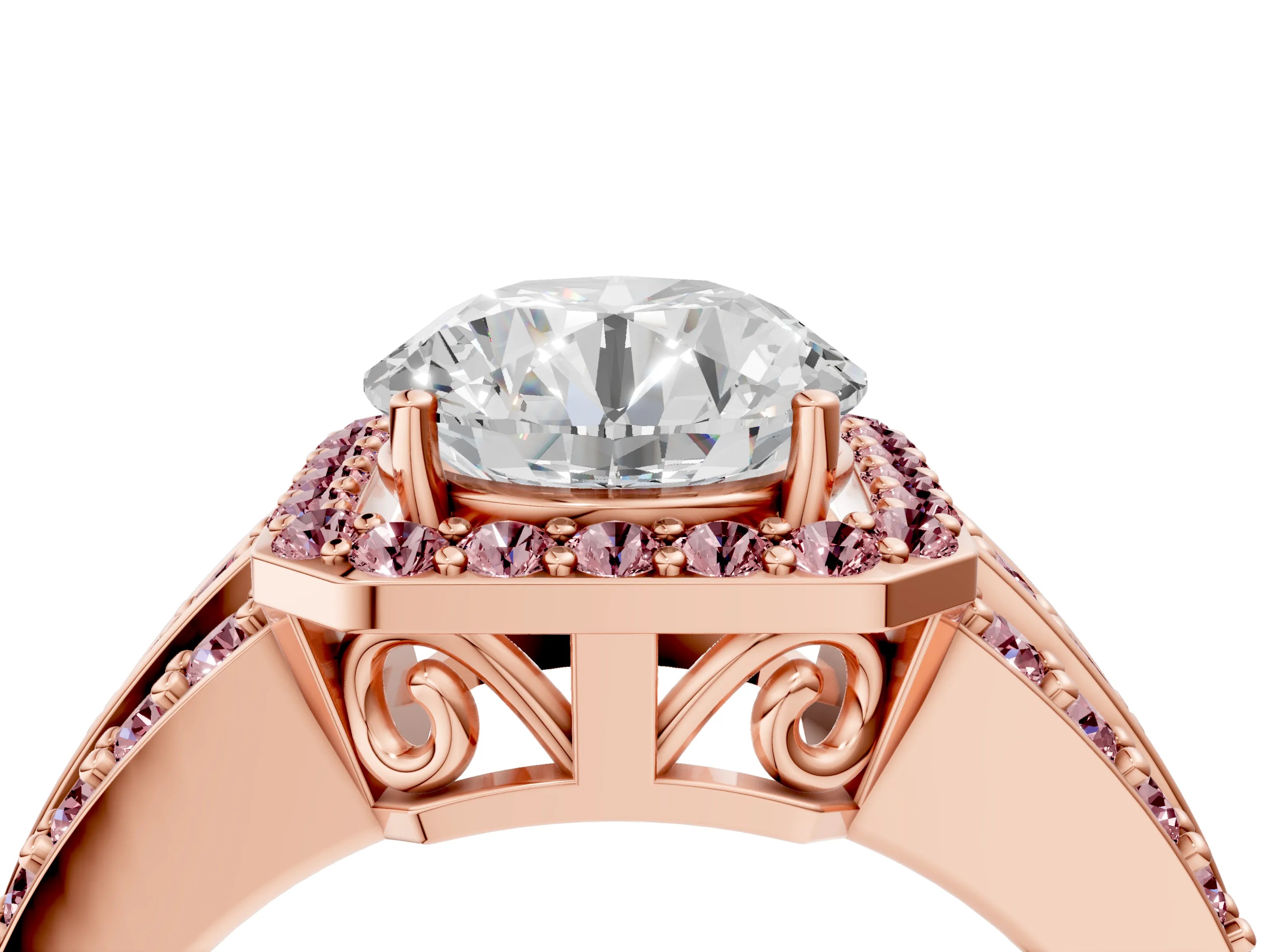 Rose gold Round Cut Halo Diamond Ring with Round with Morganite side stone Split Shank and Prong Setting_4