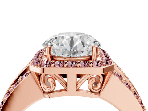 Rose gold Round Cut Halo Diamond Ring with Round with Morganite side stone Split Shank and Prong Setting_4