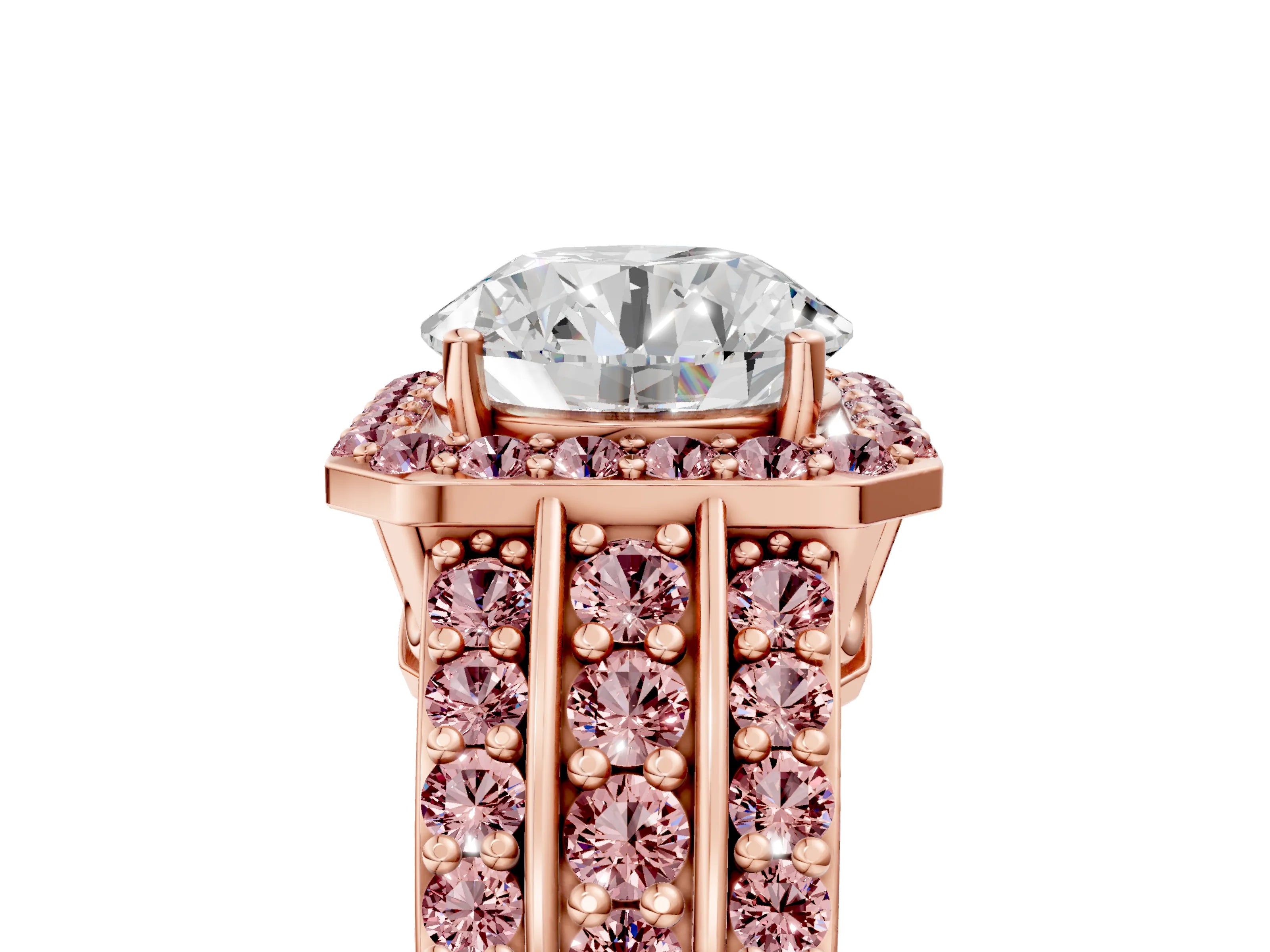 Rose gold Round Cut Halo Diamond Ring with Round with Morganite side stone Split Shank and Prong Setting_5