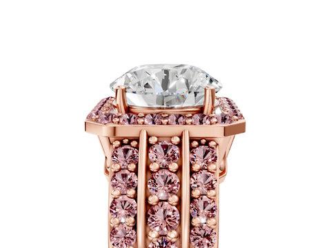 Rose gold Round Cut Halo Diamond Ring with Round with Morganite side stone Split Shank and Prong Setting_5