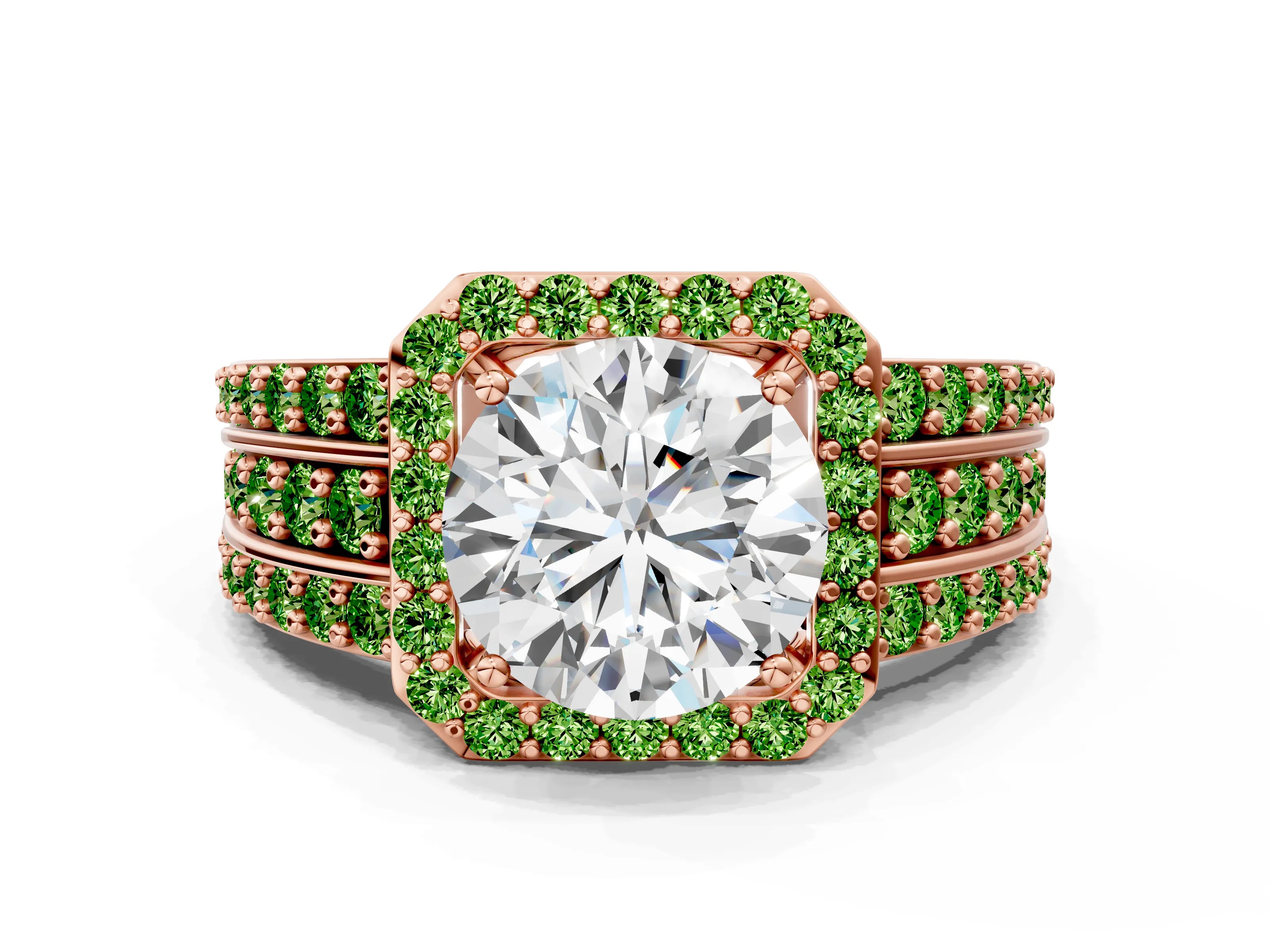 Rose gold Round Cut Halo Diamond Ring with Round with Peridot side stone Split Shank and Prong Setting