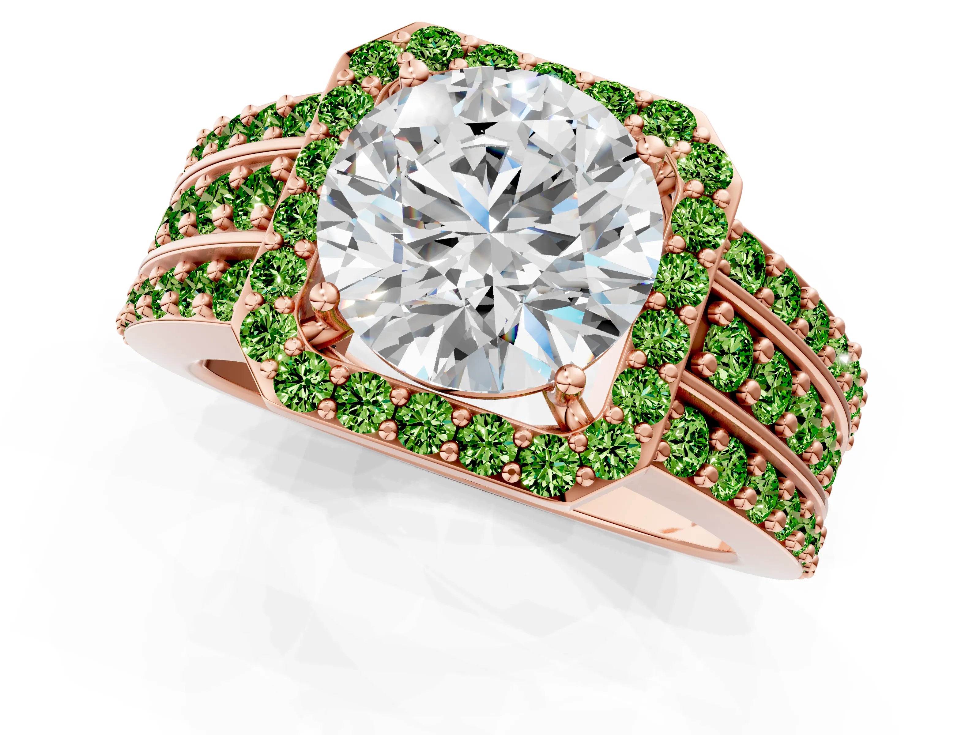 Rose gold Round Cut Halo Diamond Ring with Round with Peridot side stone Split Shank and Prong Setting_1