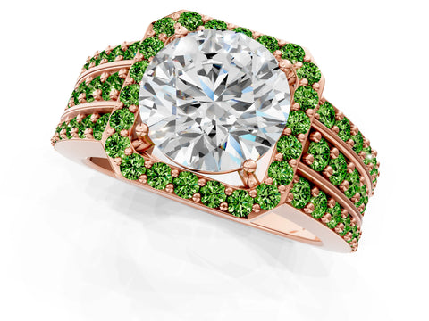 Rose gold Round Cut Halo Diamond Ring with Round with Peridot side stone Split Shank and Prong Setting_1