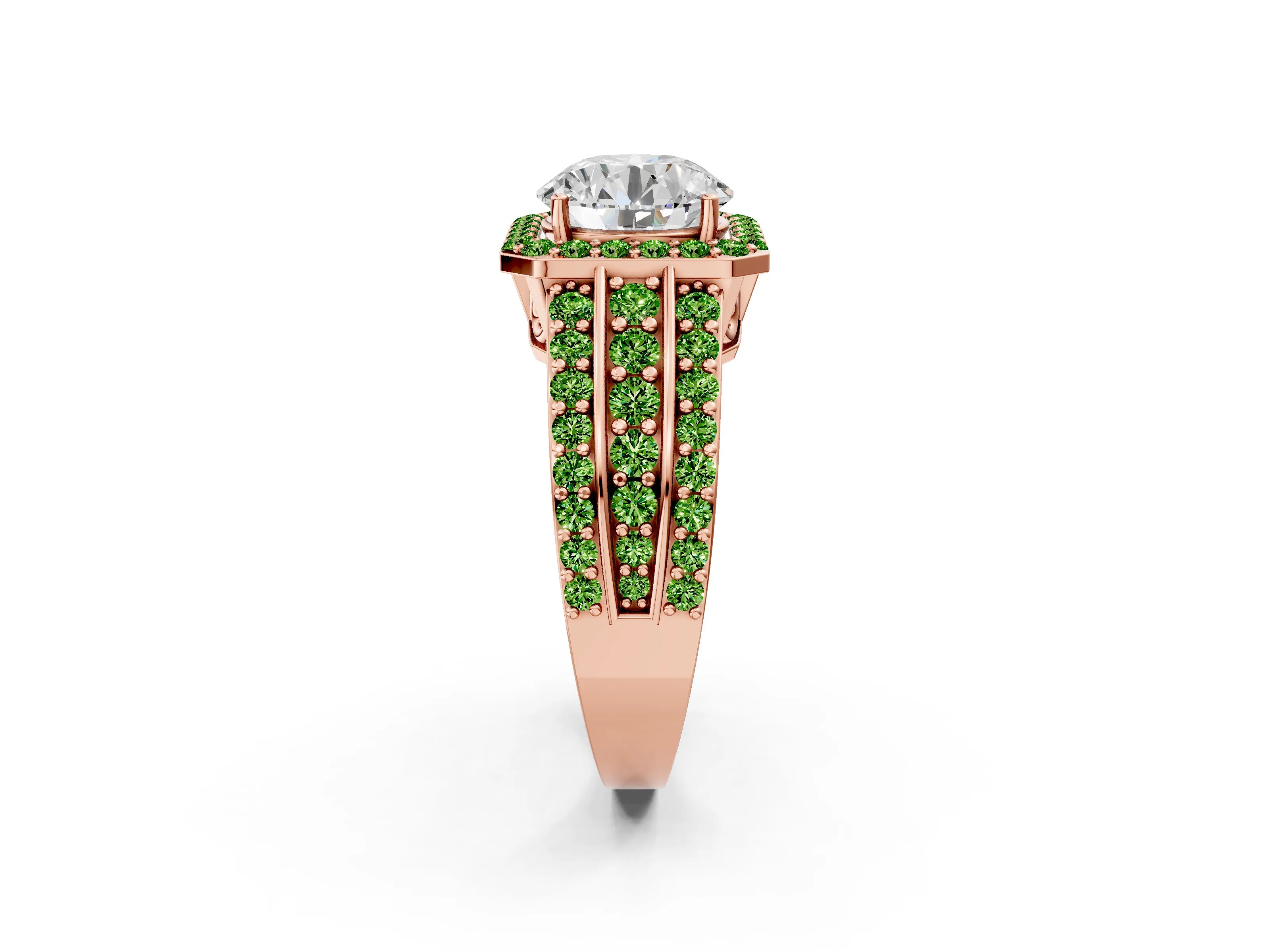 Rose gold Round Cut Halo Diamond Ring with Round with Peridot side stone Split Shank and Prong Setting_2