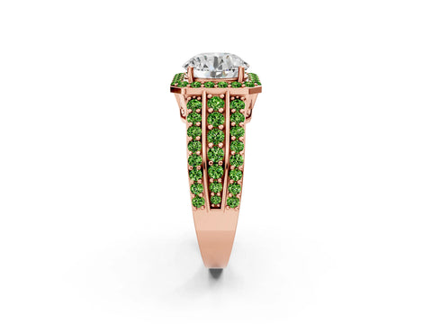 Rose gold Round Cut Halo Diamond Ring with Round with Peridot side stone Split Shank and Prong Setting_2