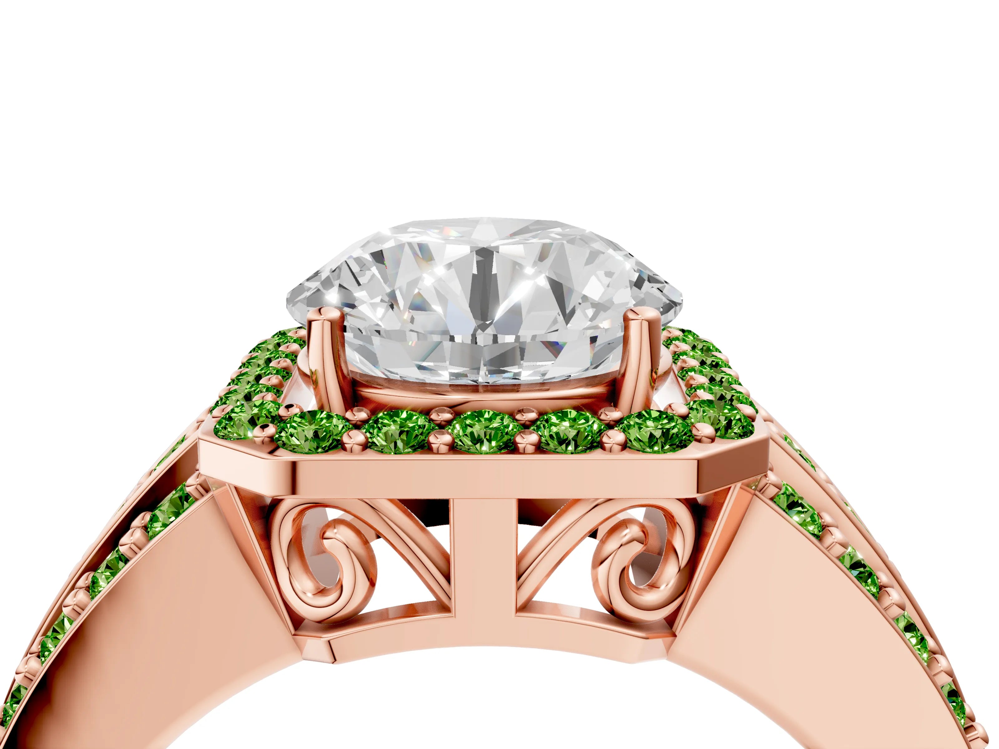 Rose gold Round Cut Halo Diamond Ring with Round with Peridot side stone Split Shank and Prong Setting_4