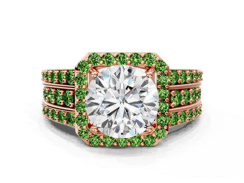 Rose gold Round Cut Halo Diamond Ring with Round with Peridot side stone Split Shank and Prong Setting