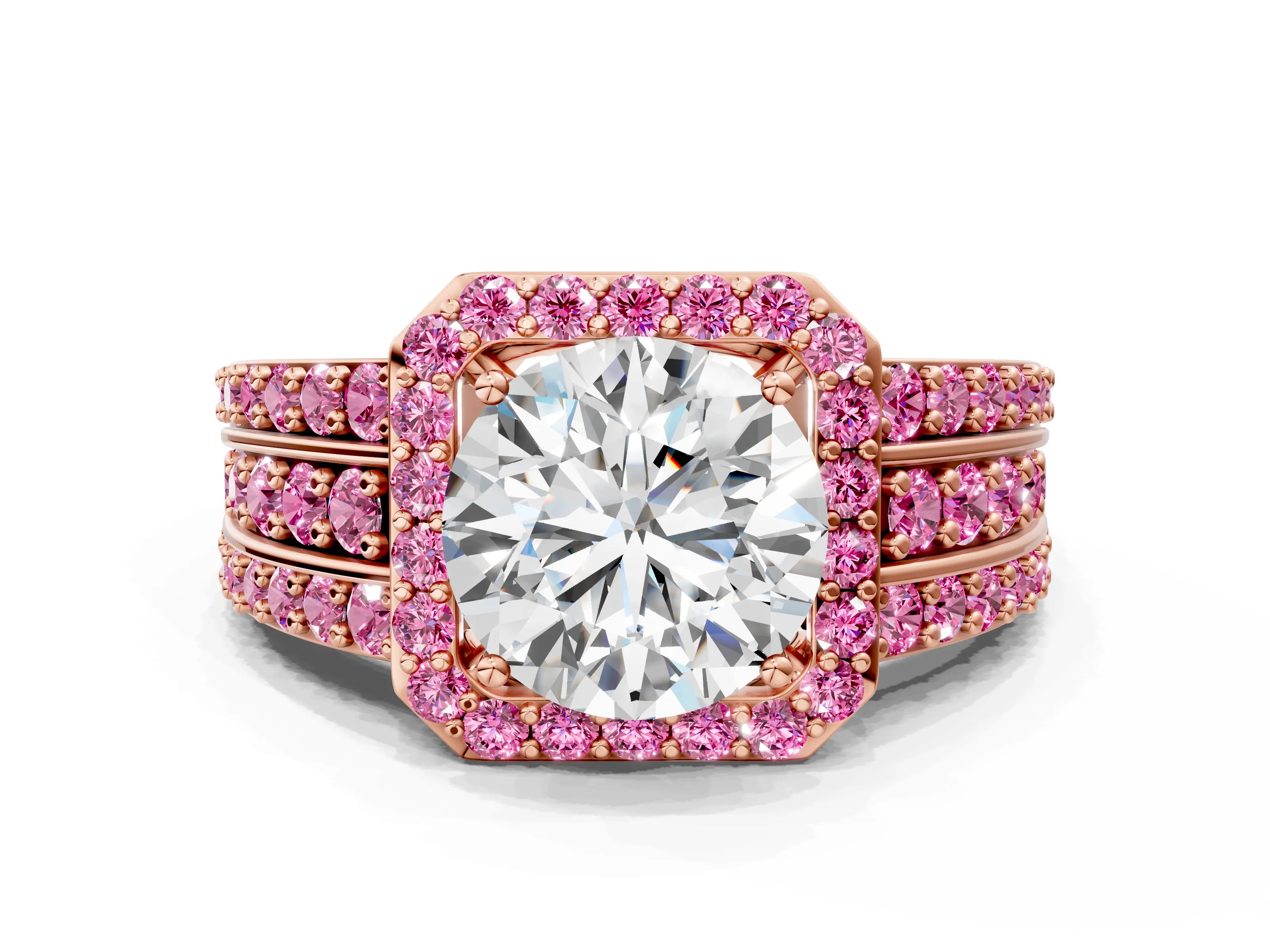 Rose gold Round Cut Halo Diamond Ring with Round with Pink Sapphire side stone Split Shank and Prong Setting