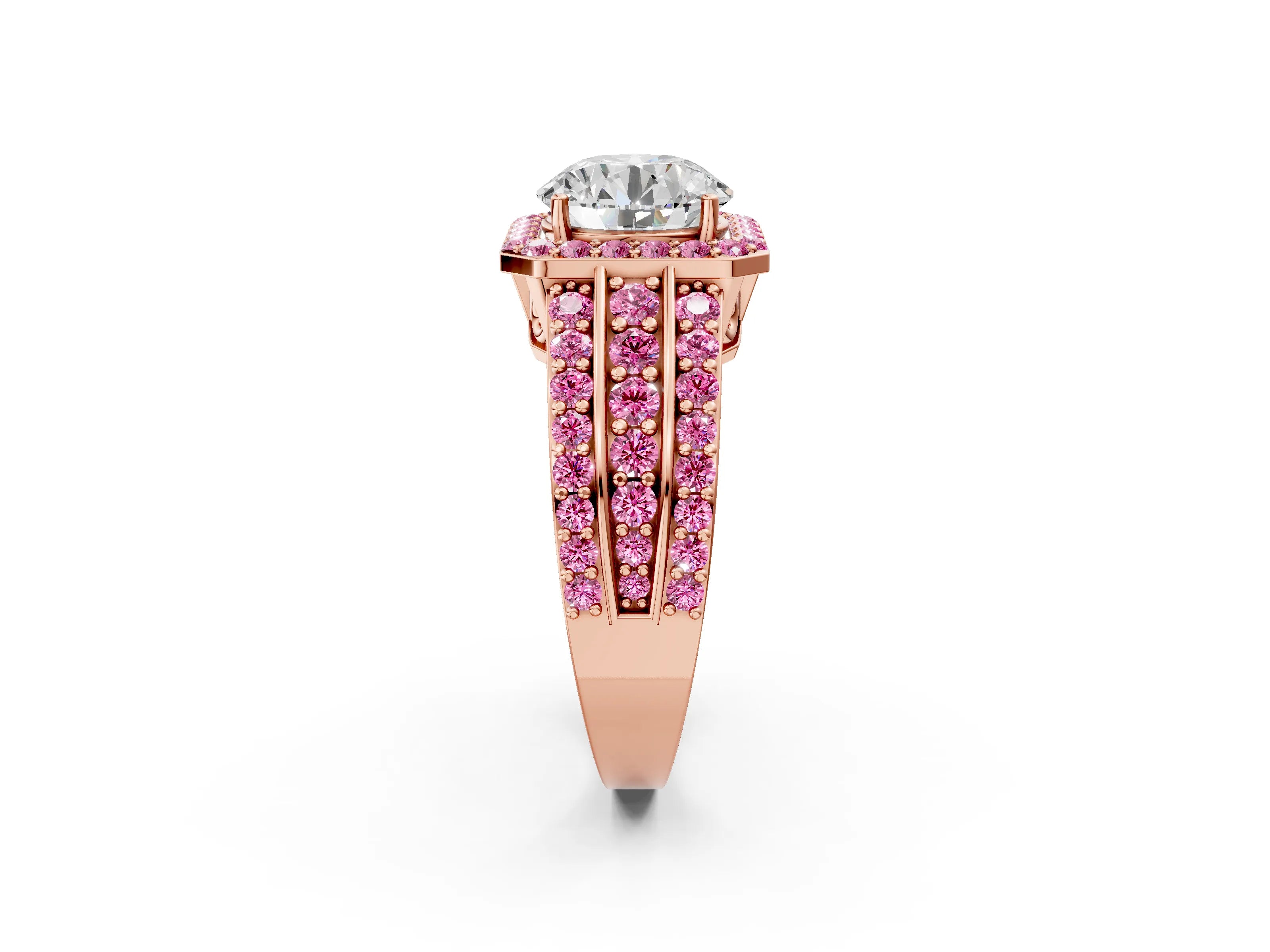 Rose gold Round Cut Halo Diamond Ring with Round with Pink Sapphire side stone Split Shank and Prong Setting_2