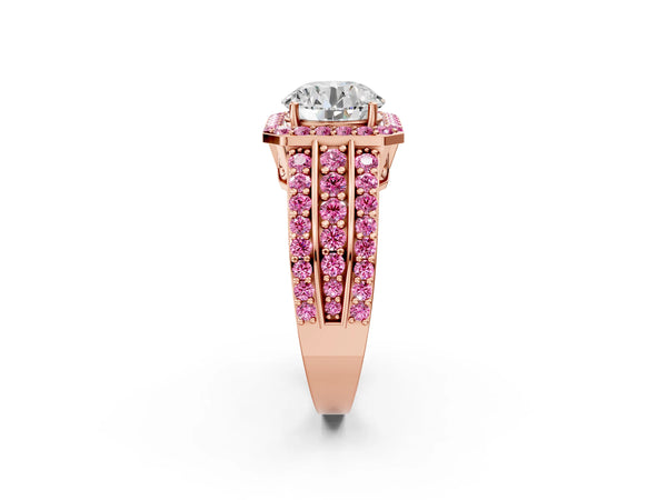 Rose Gold Round Halo Engagement Ring Setting with Lab-Grown Pink Sapphire Three Row Pave Band