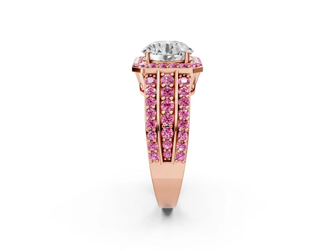 Rose gold Round Cut Halo Diamond Ring with Round with Pink Sapphire side stone Split Shank and Prong Setting_2