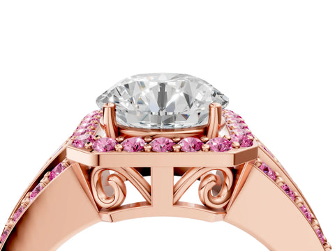 Rose gold Round Cut Halo Diamond Ring with Round with Pink Sapphire side stone Split Shank and Prong Setting_4