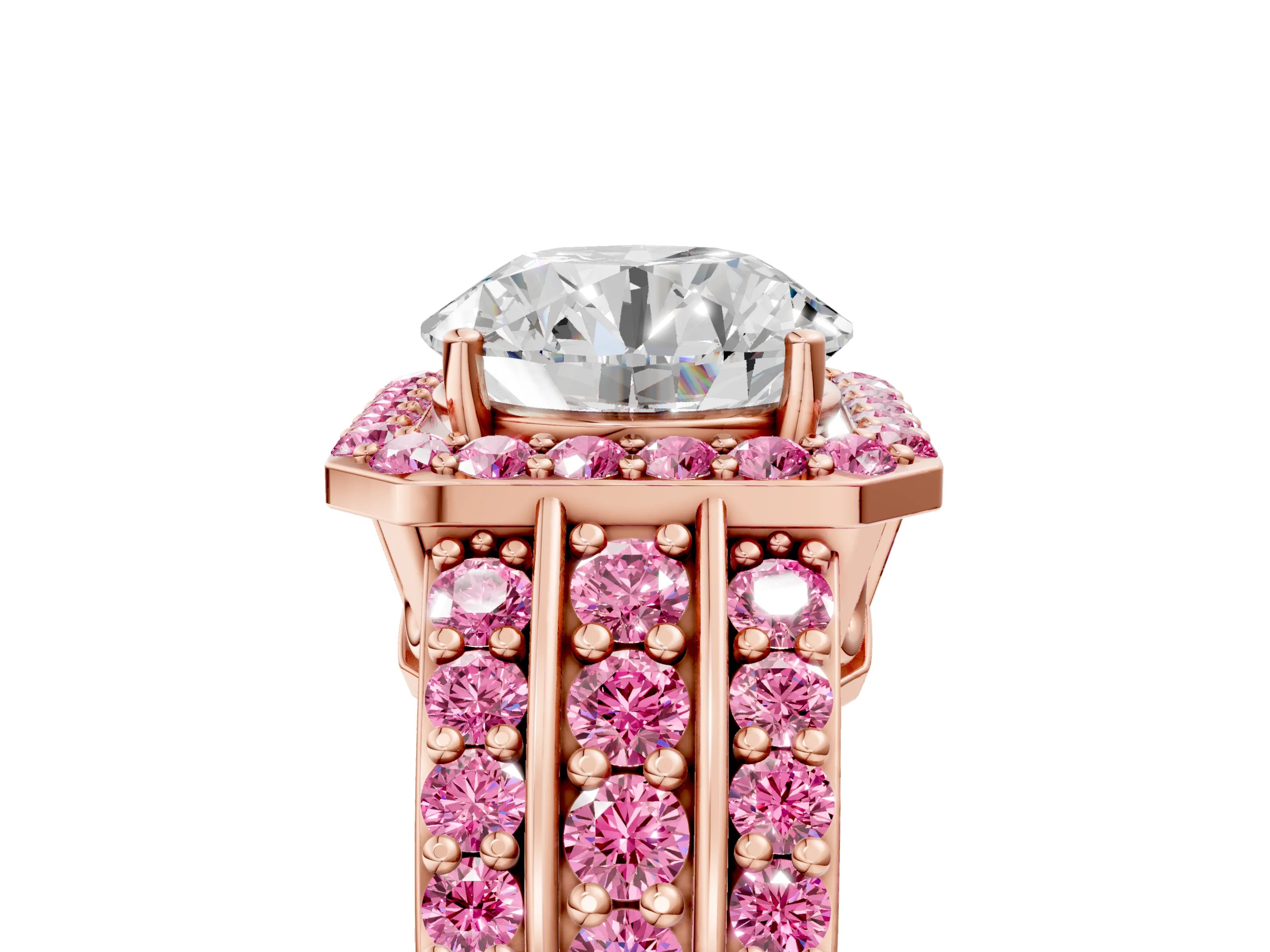 Rose gold Round Cut Halo Diamond Ring with Round with Pink Sapphire side stone Split Shank and Prong Setting_5