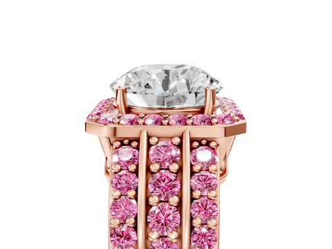 Rose gold Round Cut Halo Diamond Ring with Round with Pink Sapphire side stone Split Shank and Prong Setting_5