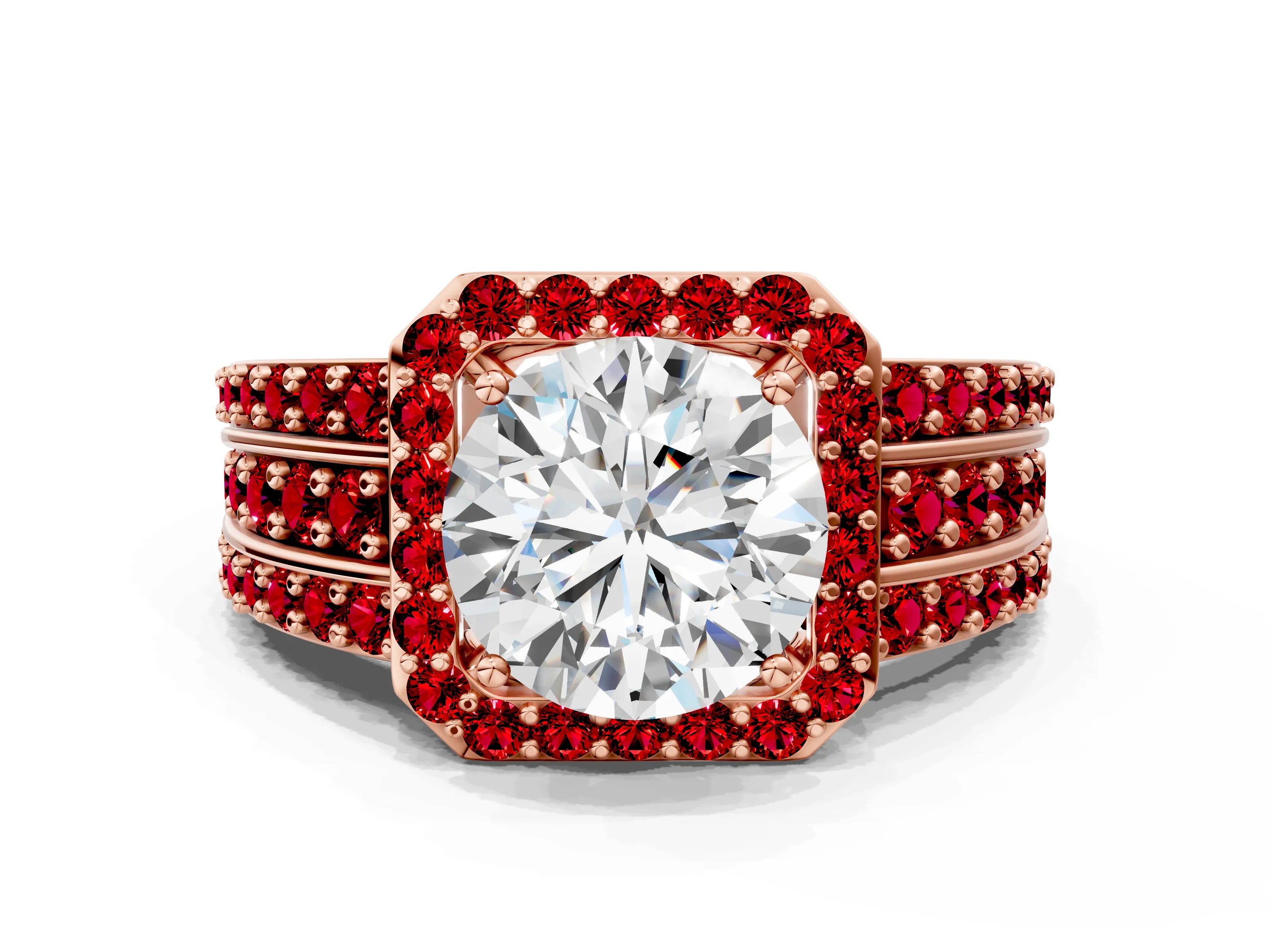 Rose gold Round Cut Halo Diamond Ring with Round with Ruby side stone Split Shank and Prong Setting