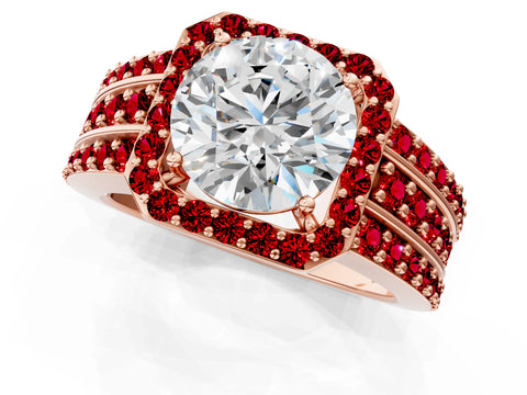 Rose gold Round Cut Halo Diamond Ring with Round with Ruby side stone Split Shank and Prong Setting_1