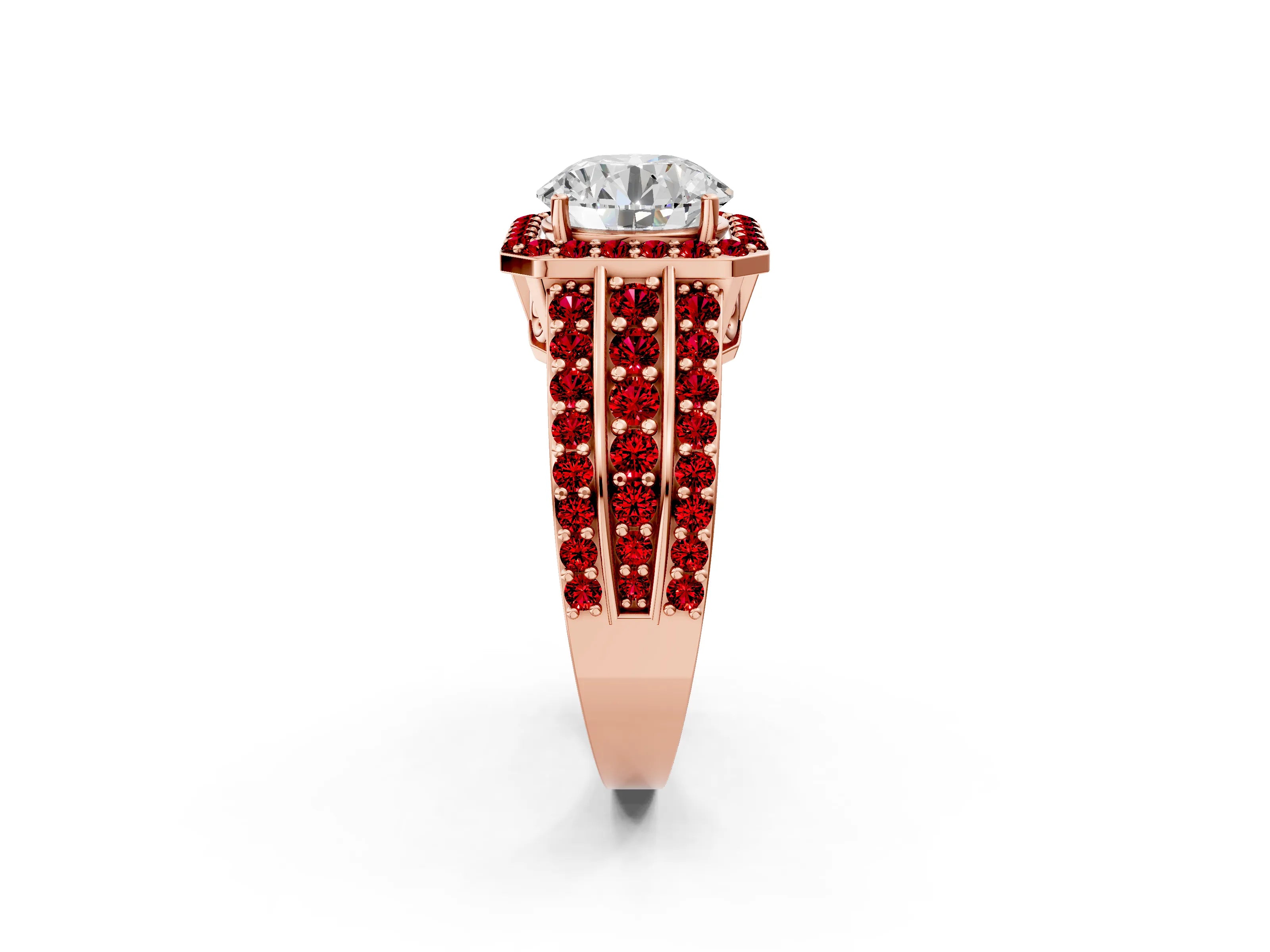 Rose gold Round Cut Halo Diamond Ring with Round with Ruby side stone Split Shank and Prong Setting_2