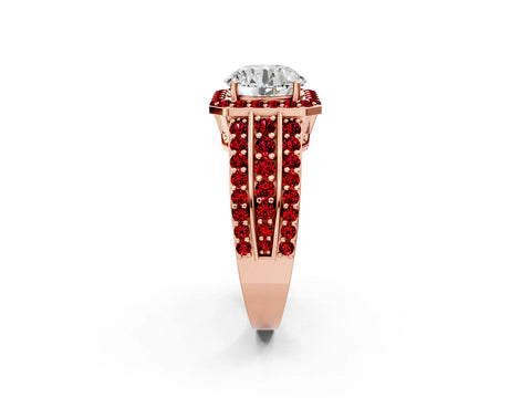 Rose gold Round Cut Halo Diamond Ring with Round with Ruby side stone Split Shank and Prong Setting_2