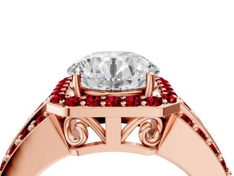 Rose gold Round Cut Halo Diamond Ring with Round with Ruby side stone Split Shank and Prong Setting_4