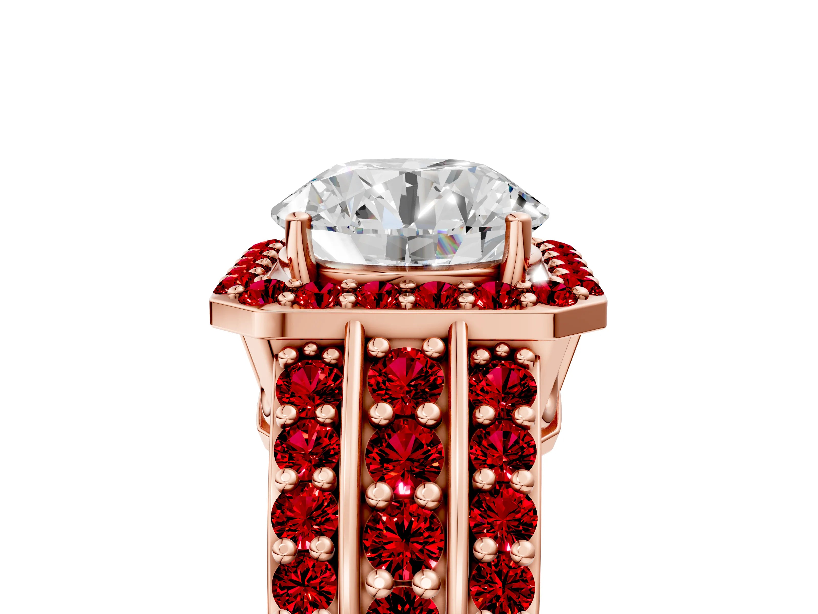 Rose gold Round Cut Halo Diamond Ring with Round with Ruby side stone Split Shank and Prong Setting_5